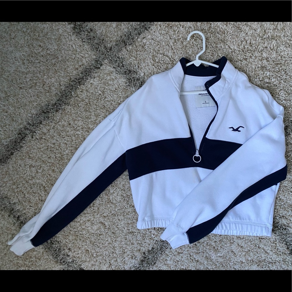 Hollister White with Navy stripe zip-up cropped sweatshirt.